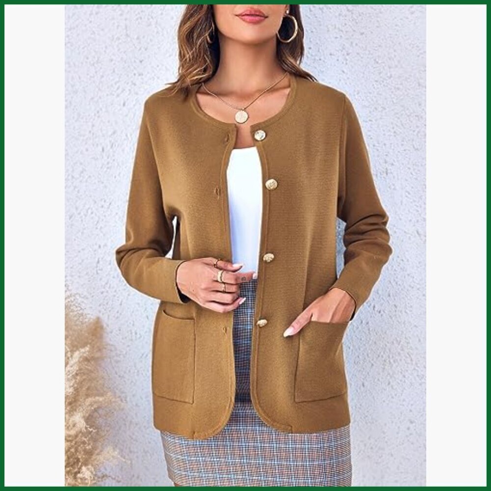 Crew Neck Button Down Cardigan Sweater with Pockets - Picture 2 of 7